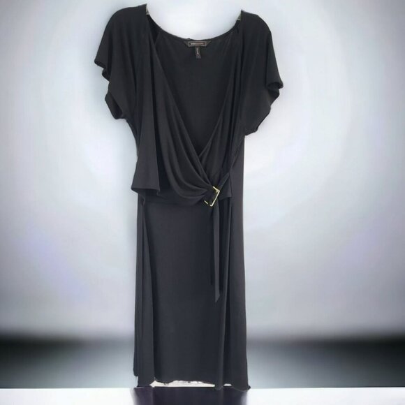 BCBG MAX AZRIA Black Faux Wrap Dress Belted Waist V-Neck Plunge & Short Sleeves - Picture 3 of 16
